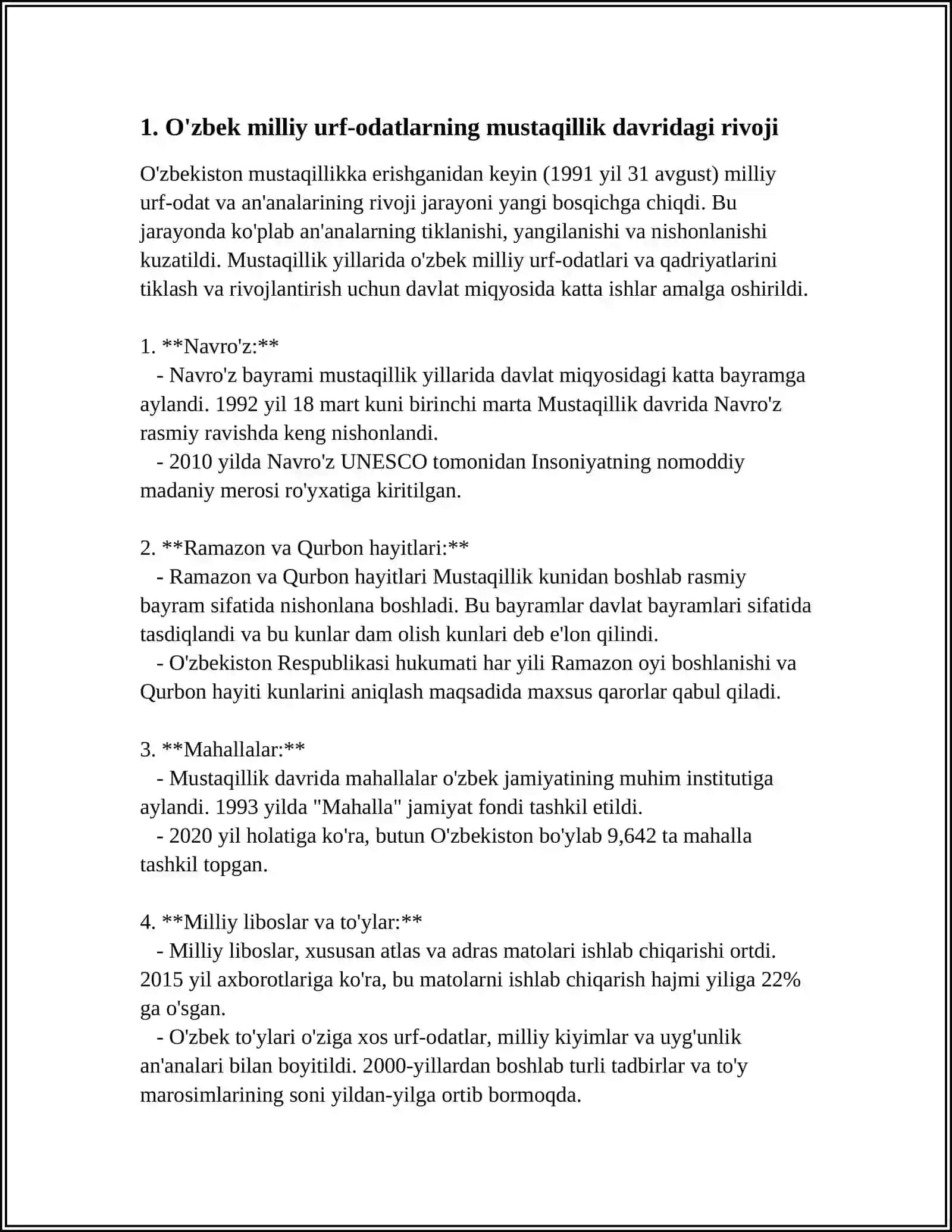 Mustaqil ish - MAVZU MUSTAQILLIK YILLARIDA O'ZBEKISTONDA MILLIY URF-ODATLAR, QADRIYATLAR VA AN'ANALARNING QAYTA TIKLANISHI 3