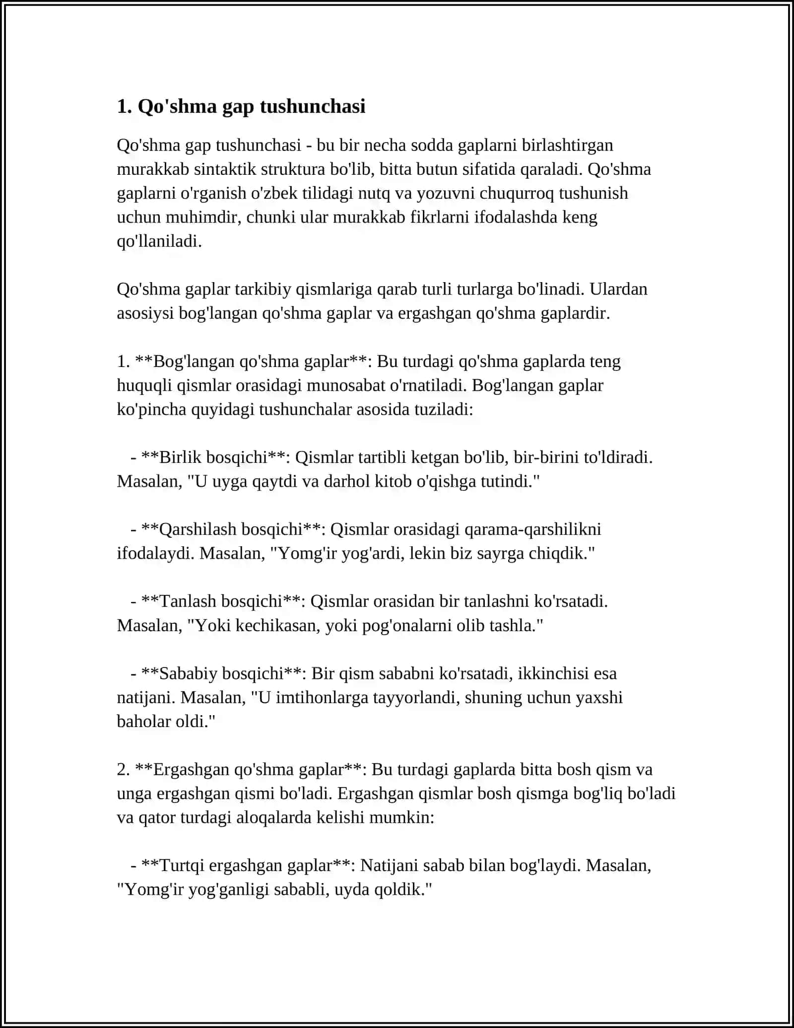 MUSTAQIL ISH Mavzu: QO'SHMA GAP, BOG'LANGAN QO'SHMA GAP. ERGASHGAN QO'SHMA GAP. BOG'LOVCHISIZ QO'SHMA GAP 3
