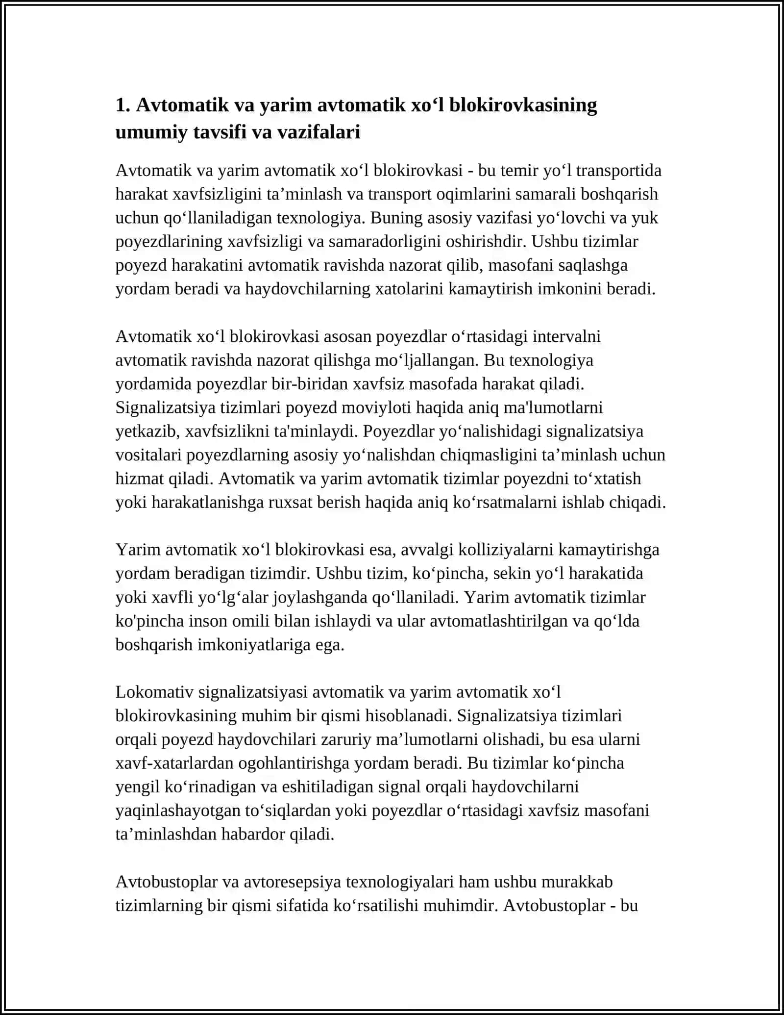 AVTOMATIK VA YARIM AVTOMATIK XO'L BLOKURORKASI. AVTOMATIK LEKOMATIV SIGNALIZATSIVASI VA AVTOSTOPLAR 3