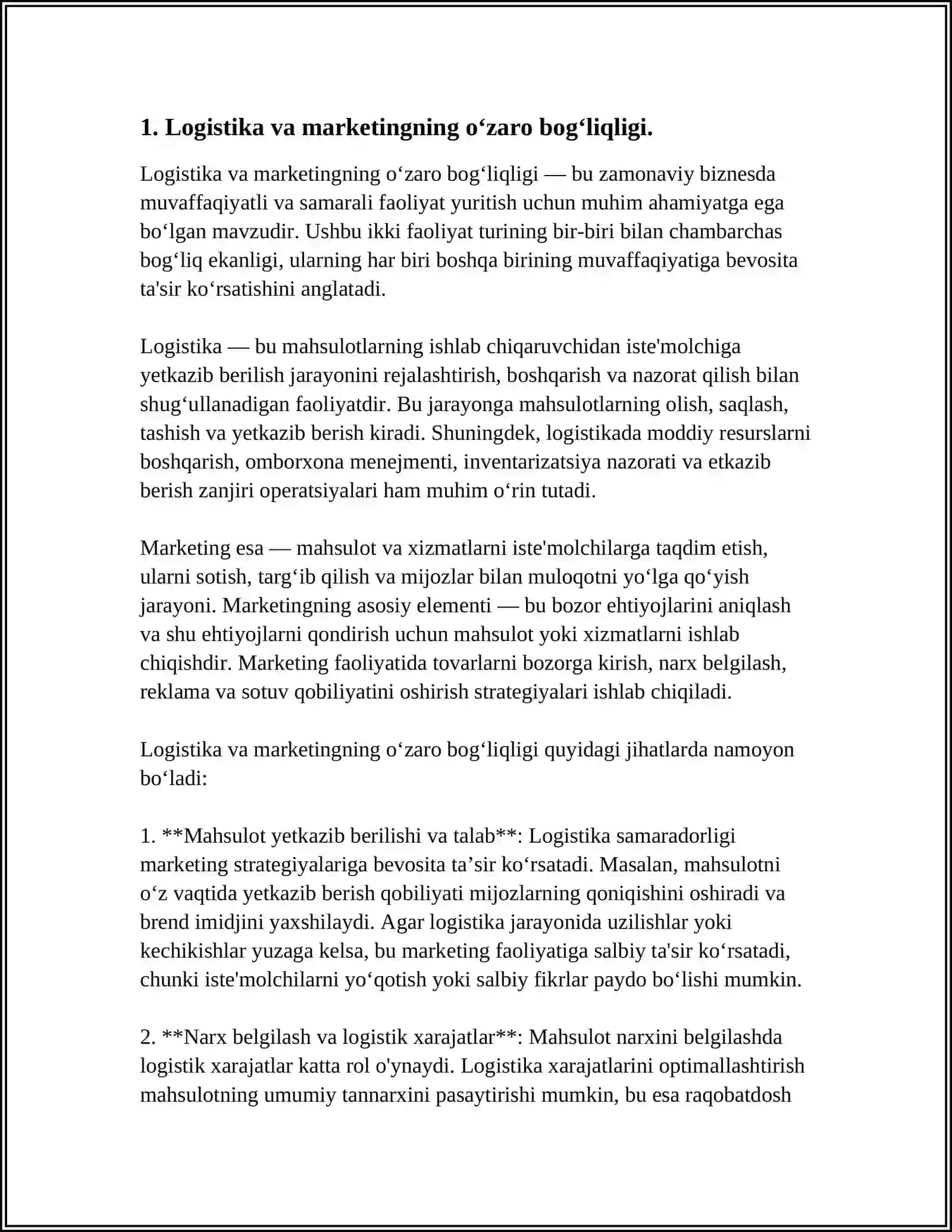 LOGISTIK TIZIMNING MARKETING BILAN BOG'LIQLIGI, SAVDO FIRMALARINING LOGISTIK FAOLIYATINI TAHLIL QILISH 3