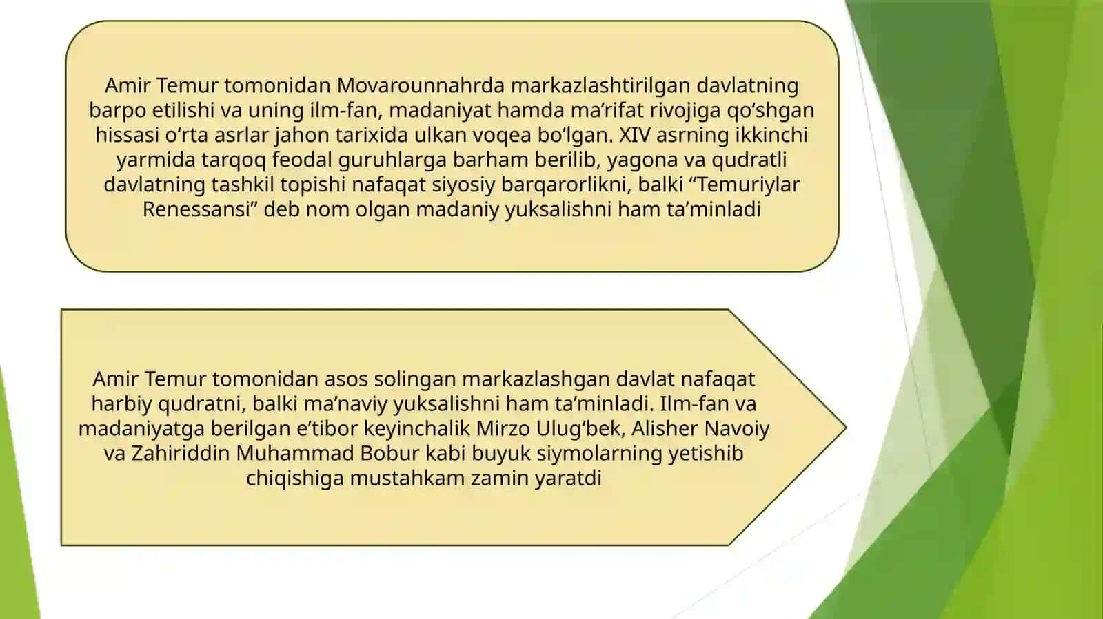 Movaraunnahrda Amir Temur tomonidan markazlahgan davlat barpo etilishi va uning fan, madaniyat va ma’rifat rivojiga qo’shgan hissasi 3