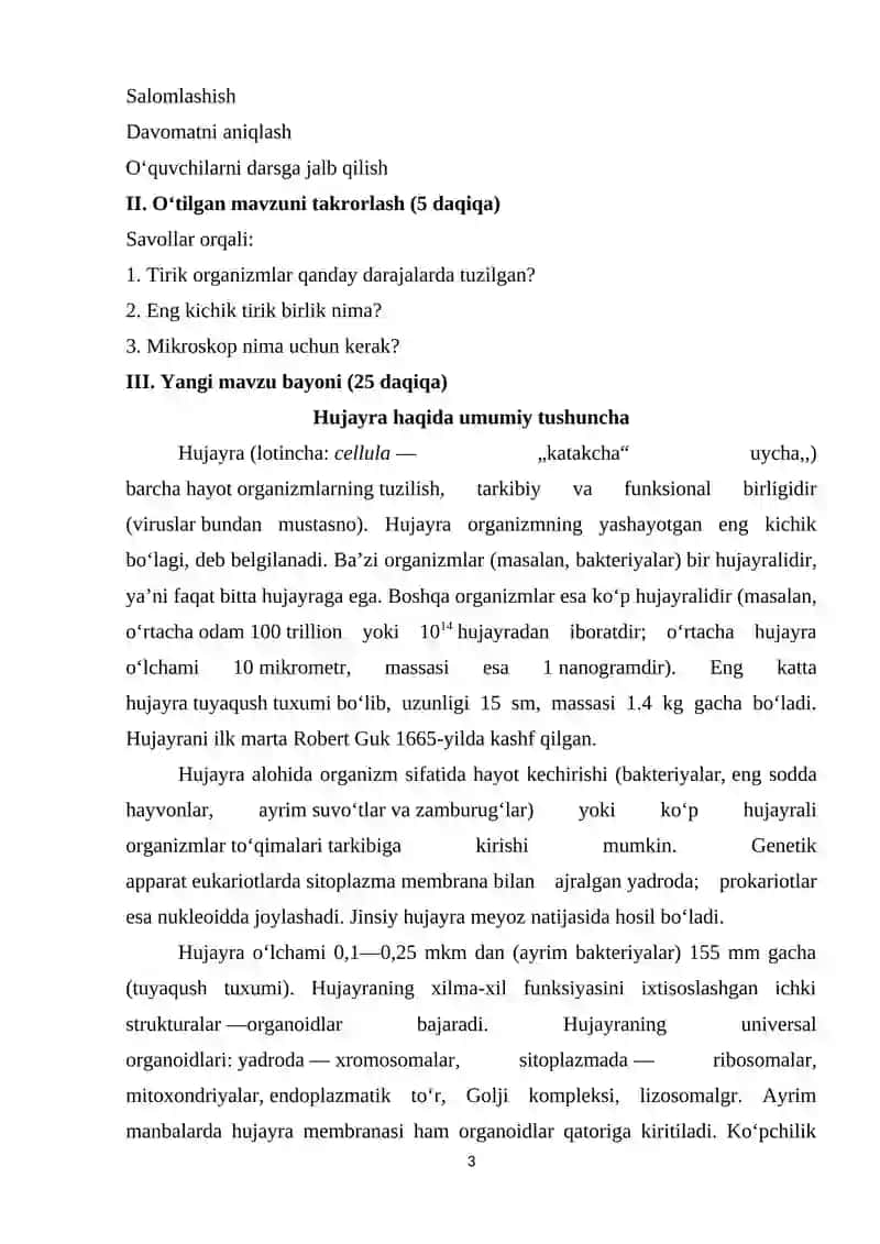 Biologiya(Sitologiya va genetika asoslari)fanidan 1-soatlik dars ishlanma 3