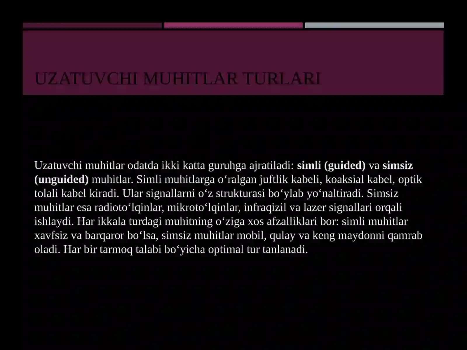Uzatuvchi muhitlar. Kanalning o'tkazuvchanlik qobiliyati 3
