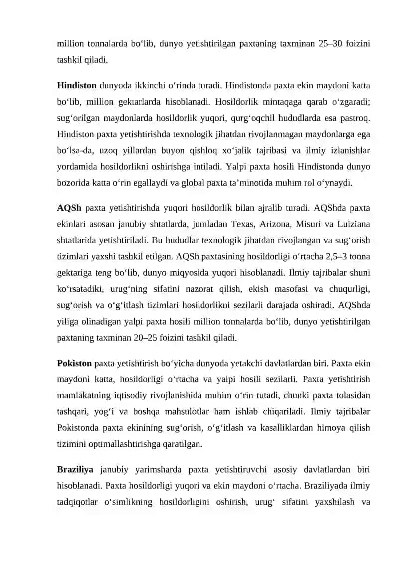 Dunyodagi_asosiy_paxta_yetishtiruvchi_ekin_maydoni,hosildorligi 3