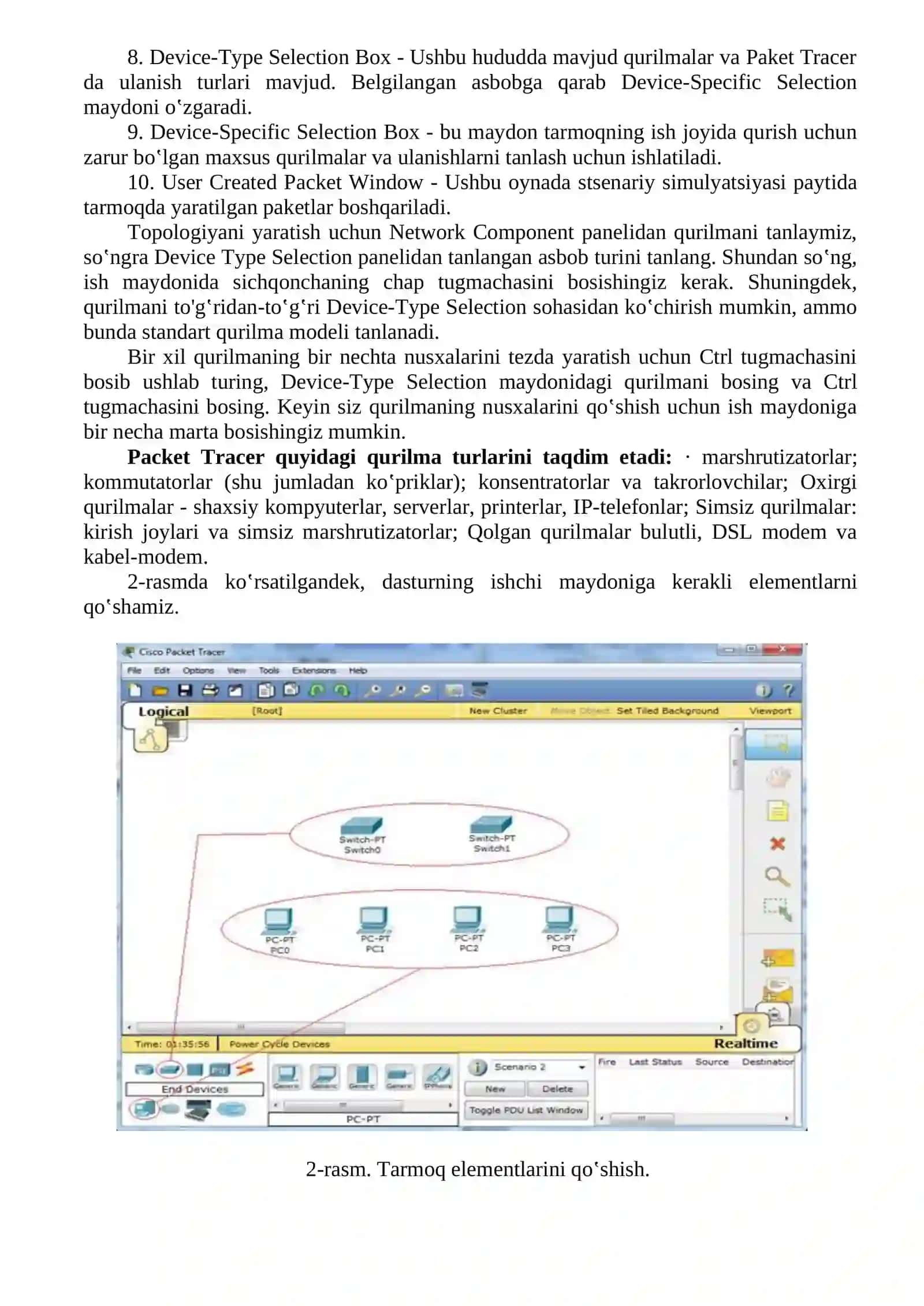 Cisco Packet Tracer dasturidagi internet ashyolari elementlari va ularning vazifalari bilan tanishish 3