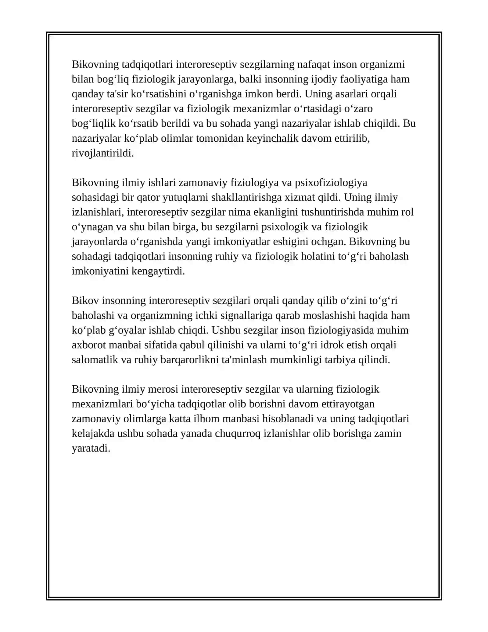 K.M.BIKOVNING HAYOTI VA IJODI HAMDA INTERORETSEPTIV SEZGILARNING FIZIOLOGIK MEXANIZMLARI BO'YICHA TADQIQOTLARI 3