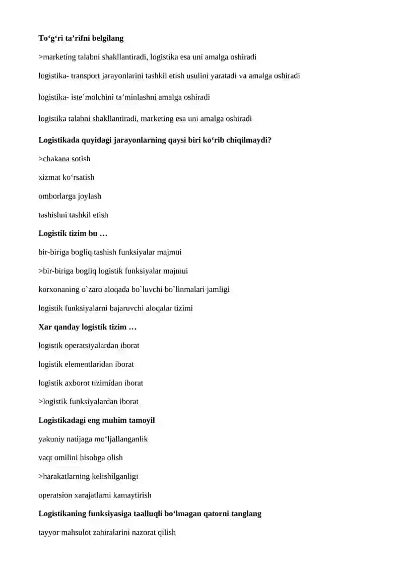 Logistika fanidan yakuniy nazorat uchun test javoblari va savollari 3