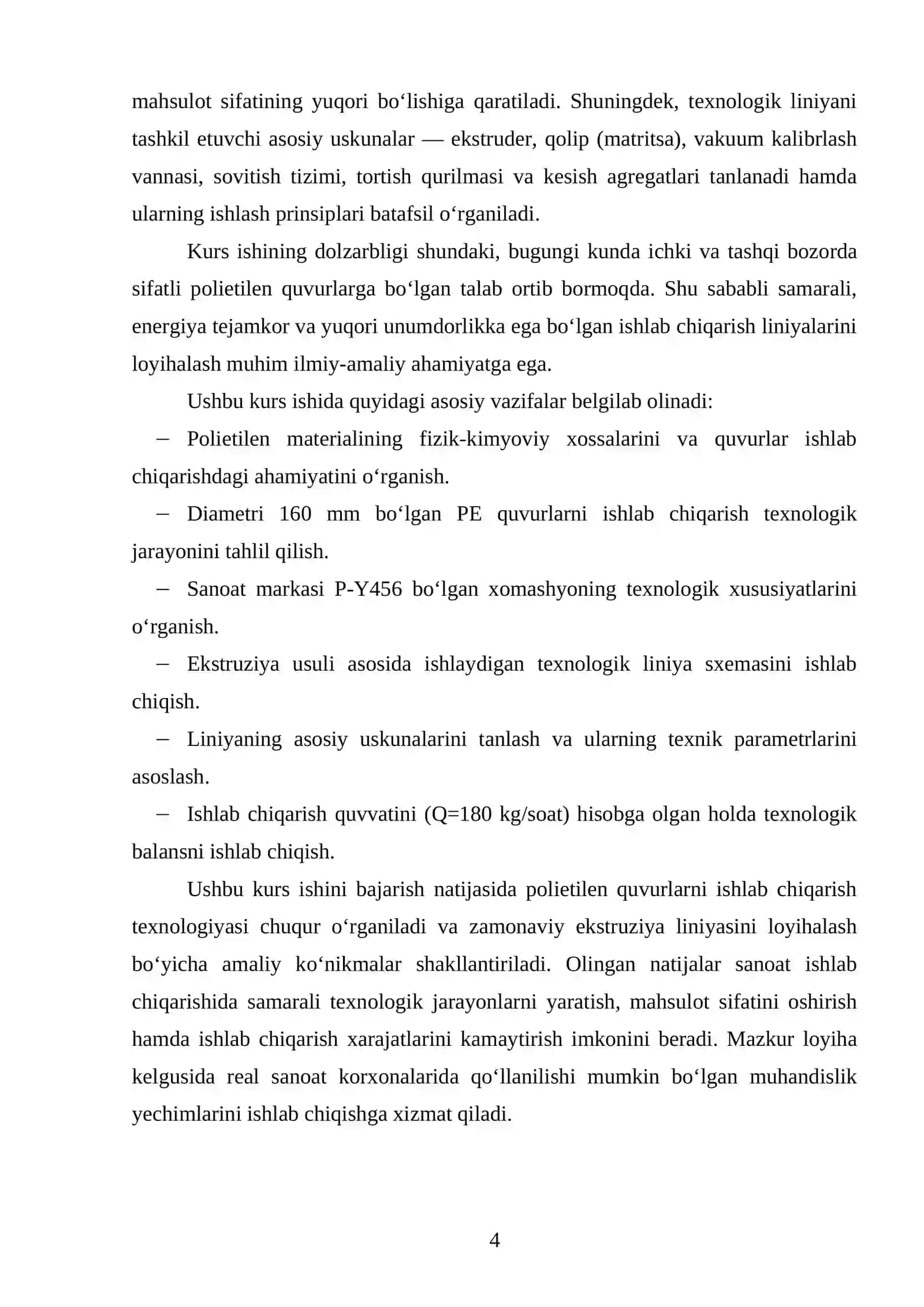 Sanoat markasi P-Y456 boʻlgan PE dan diametri 160 mm truba chiqarish texnologik liniyasini loyihalash. Q=180 kg/soat. 3
