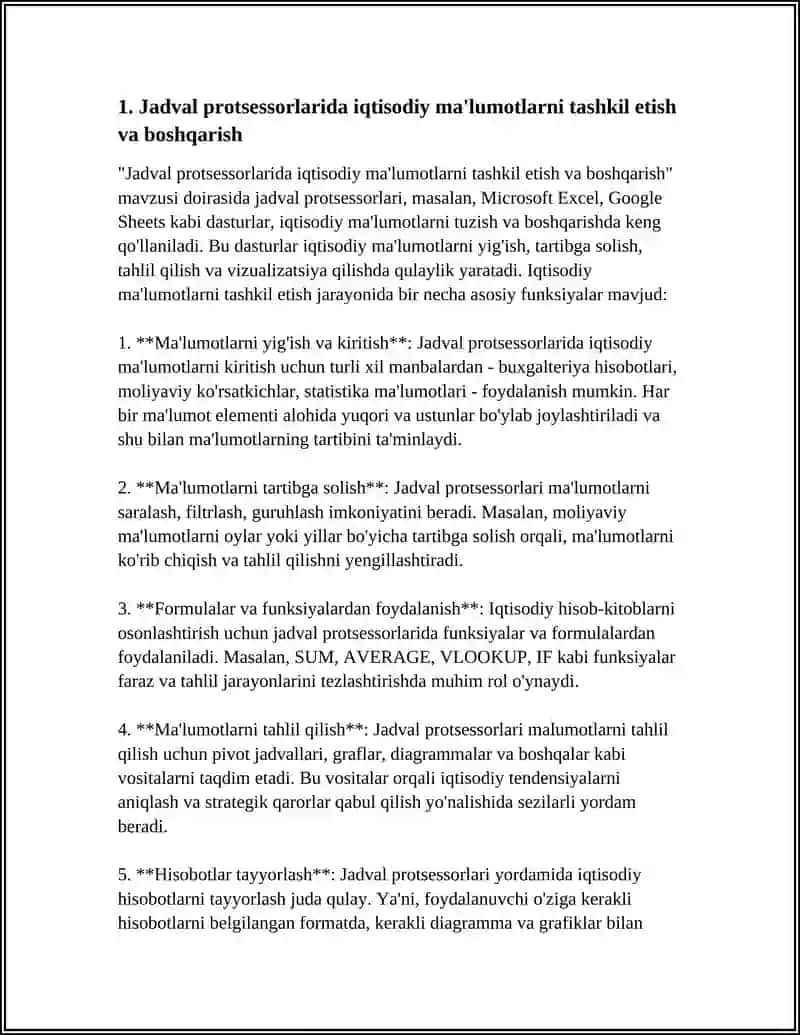 Jadval protsessorlarida iqtisodiy ma'lumotlarni tashkil etish va boshqarish 3