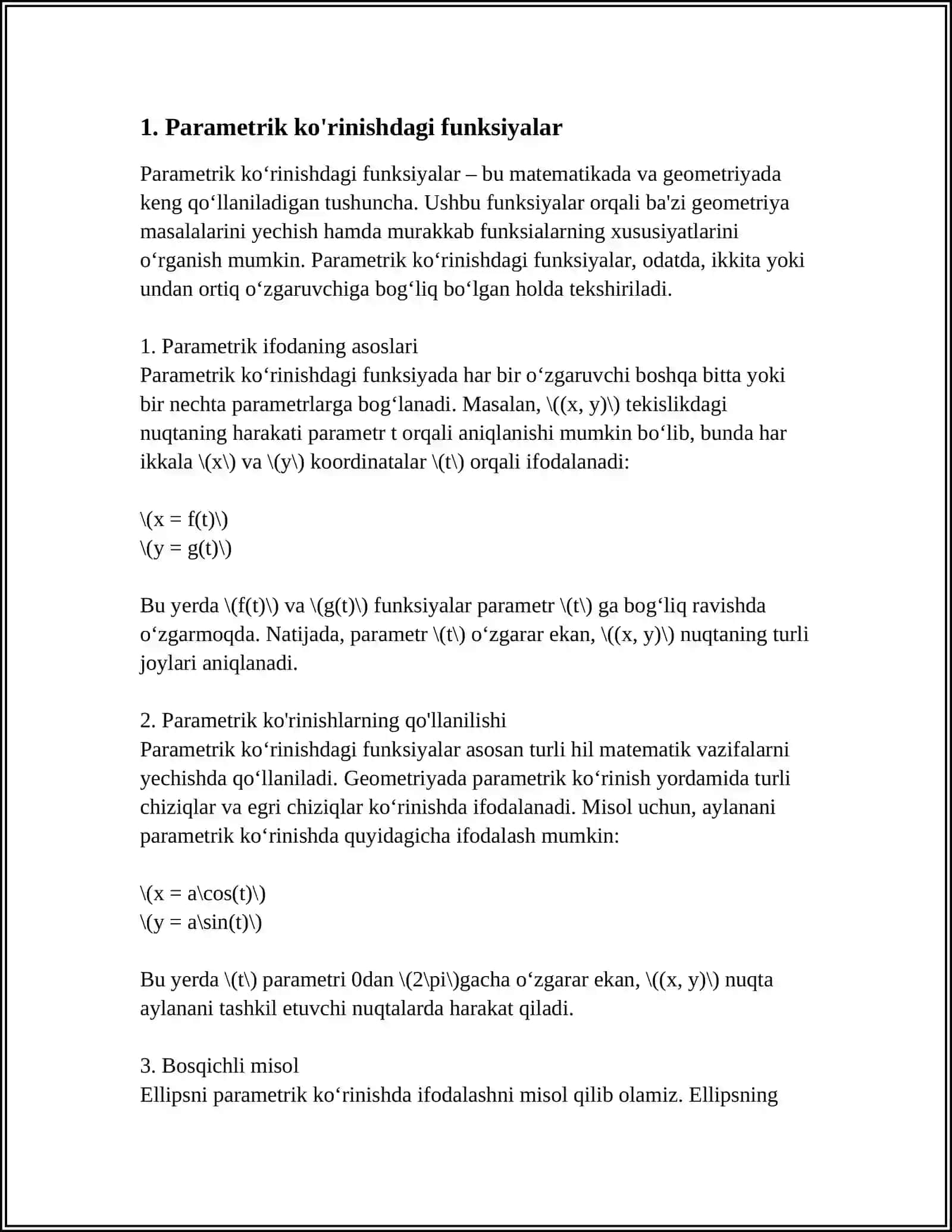 OSHKORMAS VA PARAMETRIK KOʻRINISHDA BERILGAN FUNKSIYALARNING YUQORI TARTIBLI HOSILALAR 3