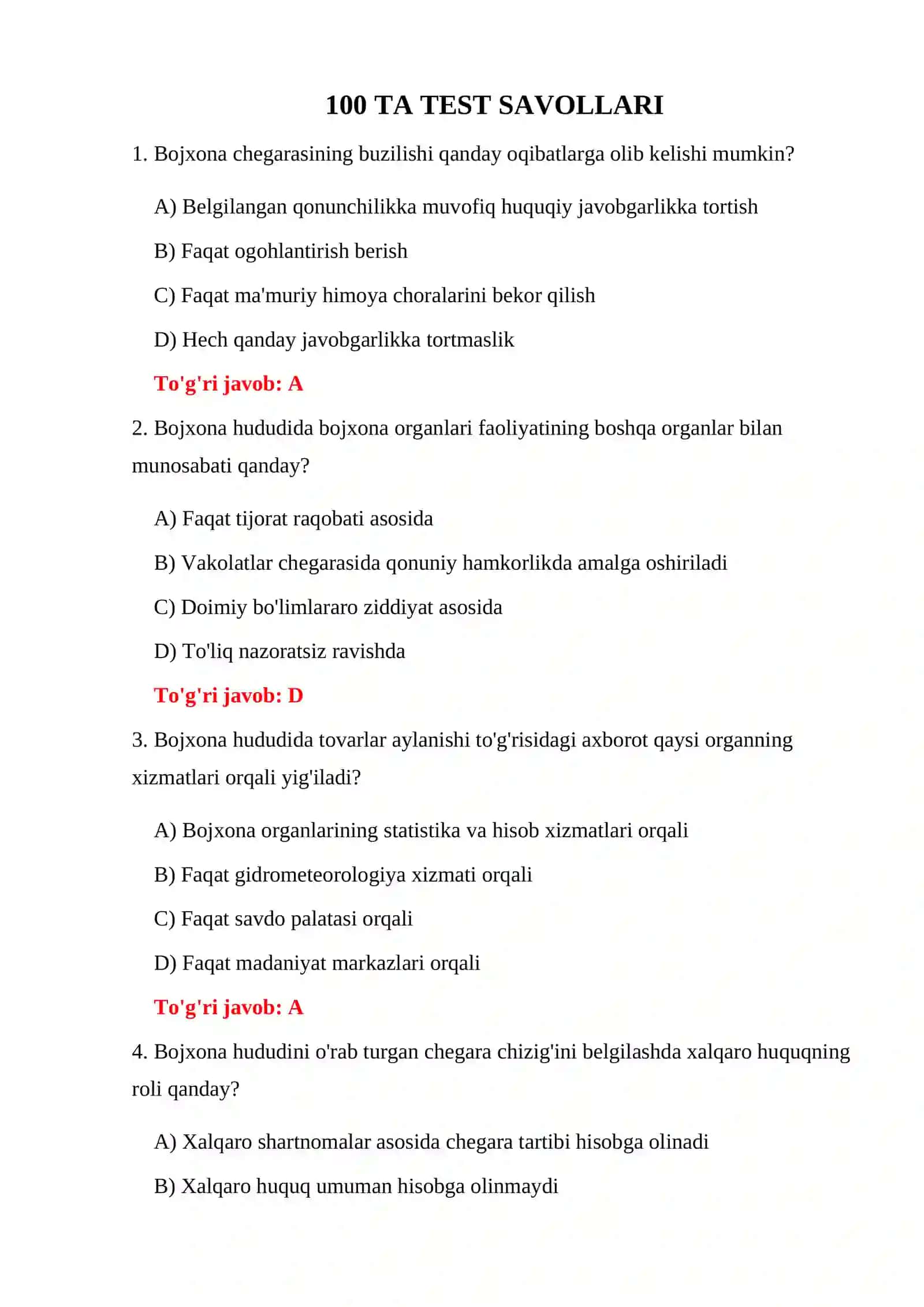 BOJXONA KODEKSI 100 TA TEST 3