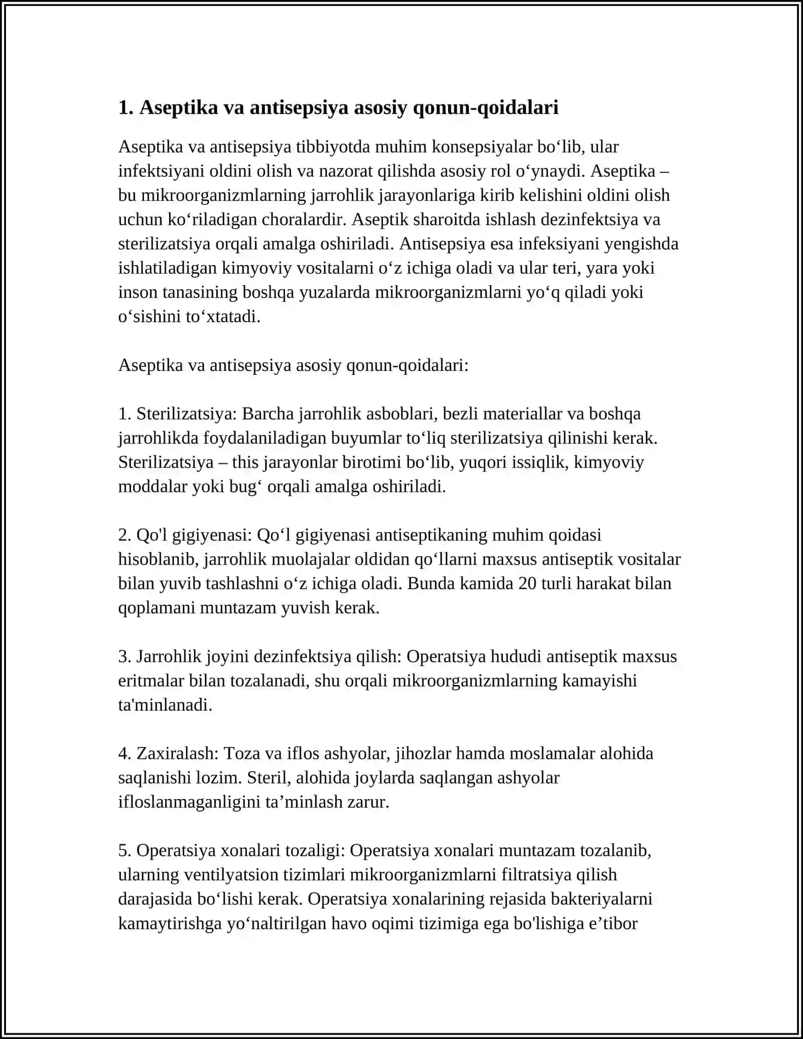 ASEPTIKA ASOSLARI. BOGʻLOV VA OPERATSIYA XONALARINING TUZILISHI 3