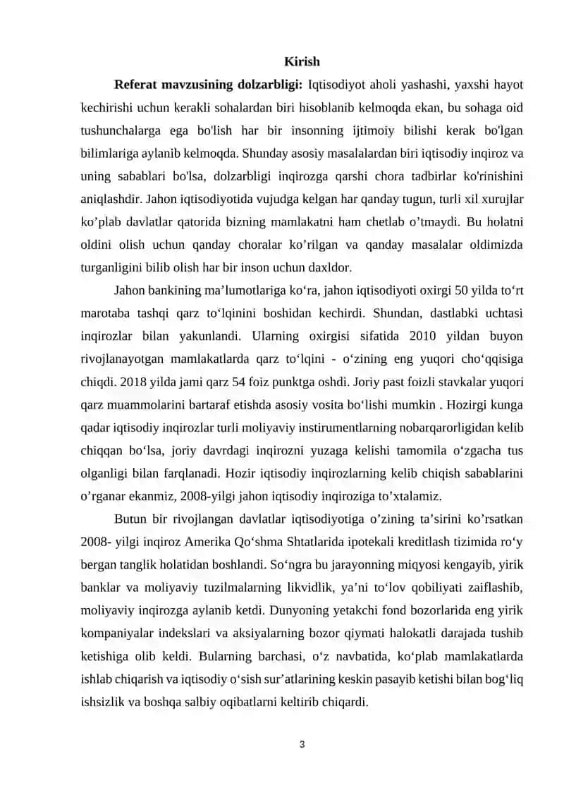 REFERAT ISHI IQTISODIYOTNI DAVLAT TOMONIDAN TARTIBGA SOLISH USULLARI” FANIDAN  Mavzu: “Dunyo mamlakatlarining jahon moliyaviy-iqtisodiy inqiroziga qarshi choralari dasturi.” bo’yicha 3