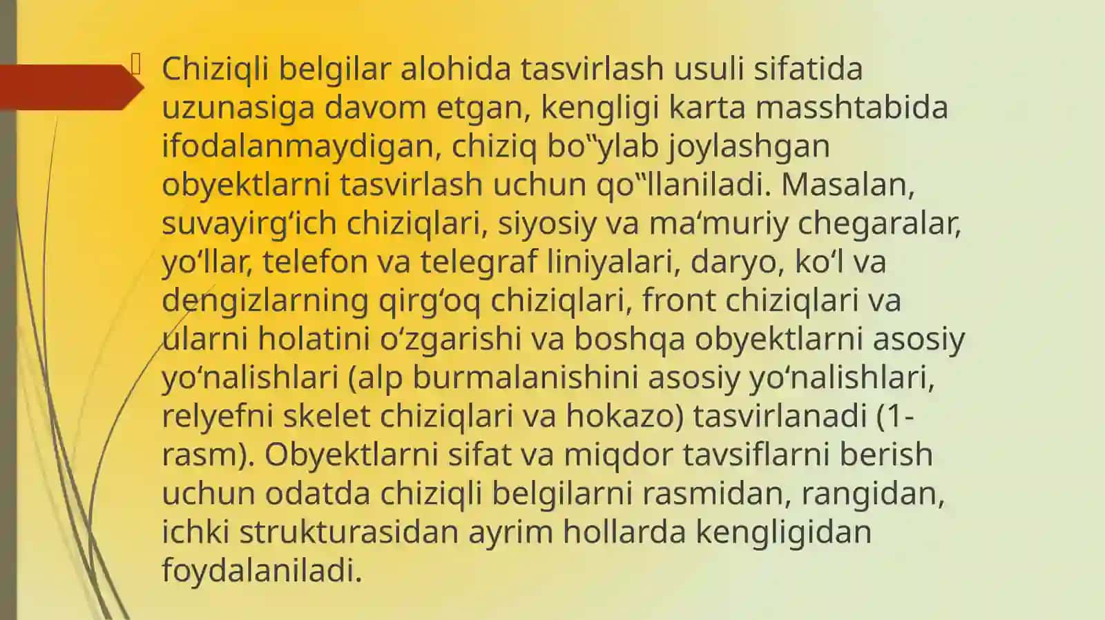 Chiziqli belgilar va harakatdagi chiziqlar usuli. 3