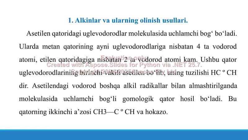 6. Alkinlar. Olinish usullari va ularning di-trimerlanish reaksiyalari. Taqdimot, 18 bet. 3