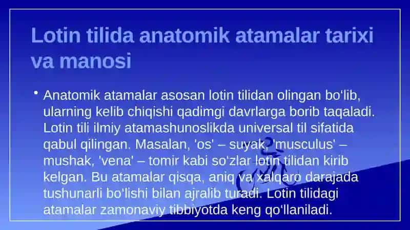 Lotin tilida anatomik atamalarning kelib chiqishi va ma'nosi. Klinik atamashunoslikda yunon tilining o'rni 3