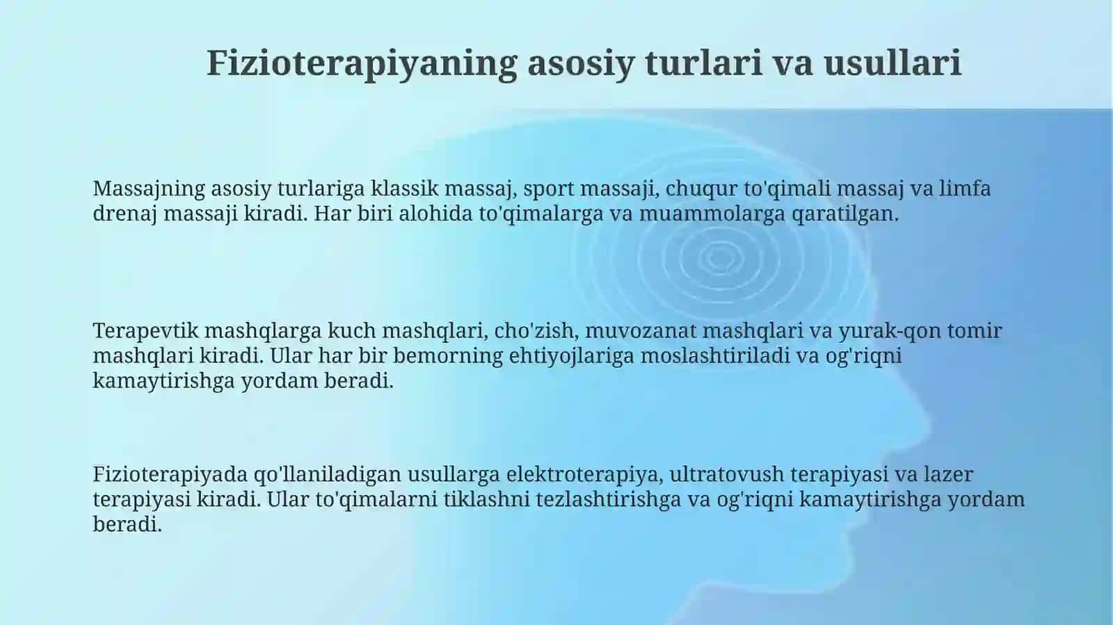 Fizioterapevtik muolajalar uqalash, davo fizkulturasi. Kasallikdan soʻng reablitatsiya 3