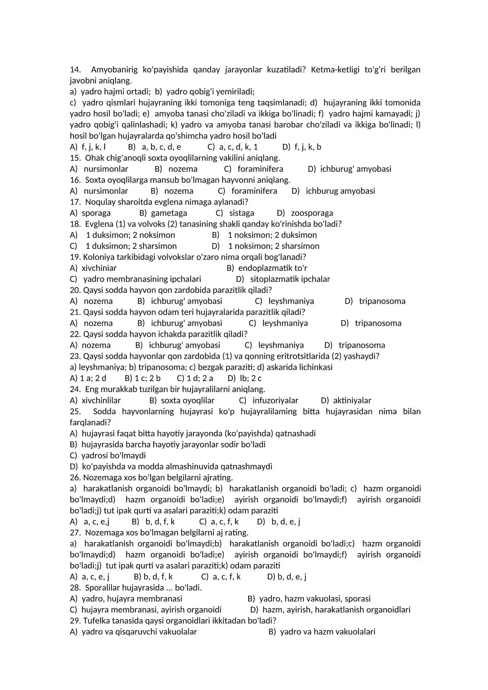 7-sinflar uchun Zoologiya fanidan TEST SAVOLLARI 3