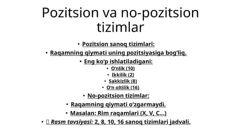 Sanoq tizimlari. Ikkilik → o‘nlik va o‘nlik → ikkilikka o‘tkazish 3
