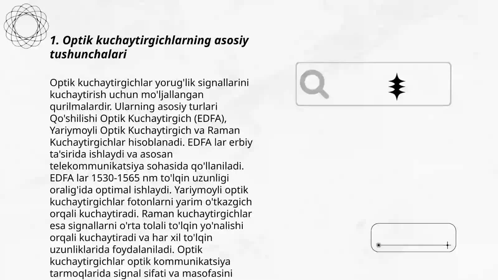 Optik kuchaytirgichning turlarini oʻrganish ishlash prinsiplari, xarakteristikasi va parametrlarini tahlil etish 3