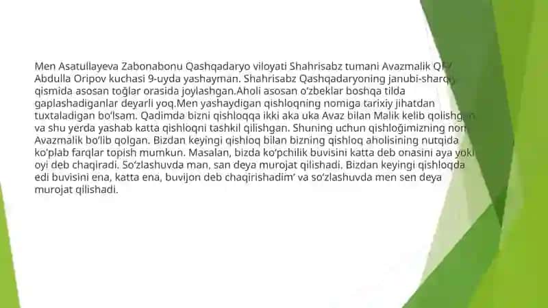 Qashqadaryo viloyati Shahrisabz tumani Avazmalik QFY Qarluq shevasi haqida 3