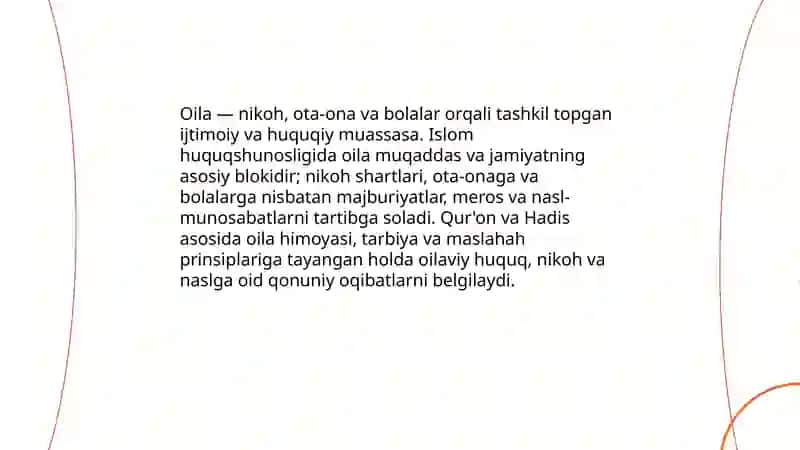 Islom huquqshunosligidagi oila, nikoh, taloq, iddao, zihor tushunchalarni tariflash 3