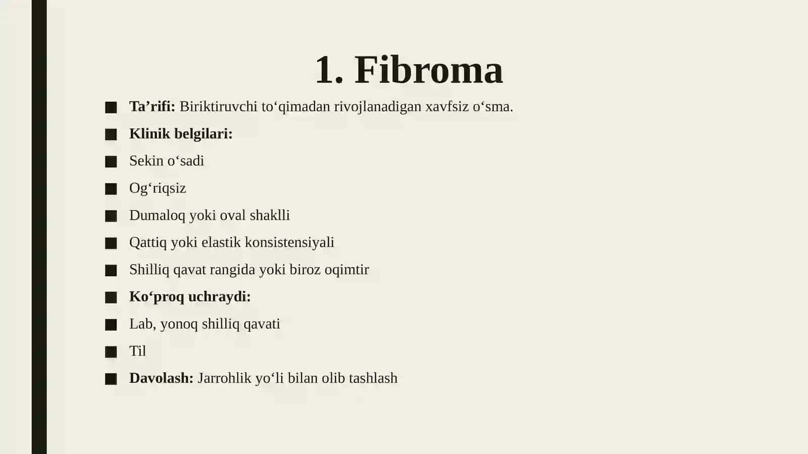 Yuz-jag‘ sohasi yumshoq to‘qimalari xavfsiz o‘smalari va o‘smasimon hosilalari(fibroma,fibramatoz, epulis, lipoma, gemangioma, limfangioma) 3