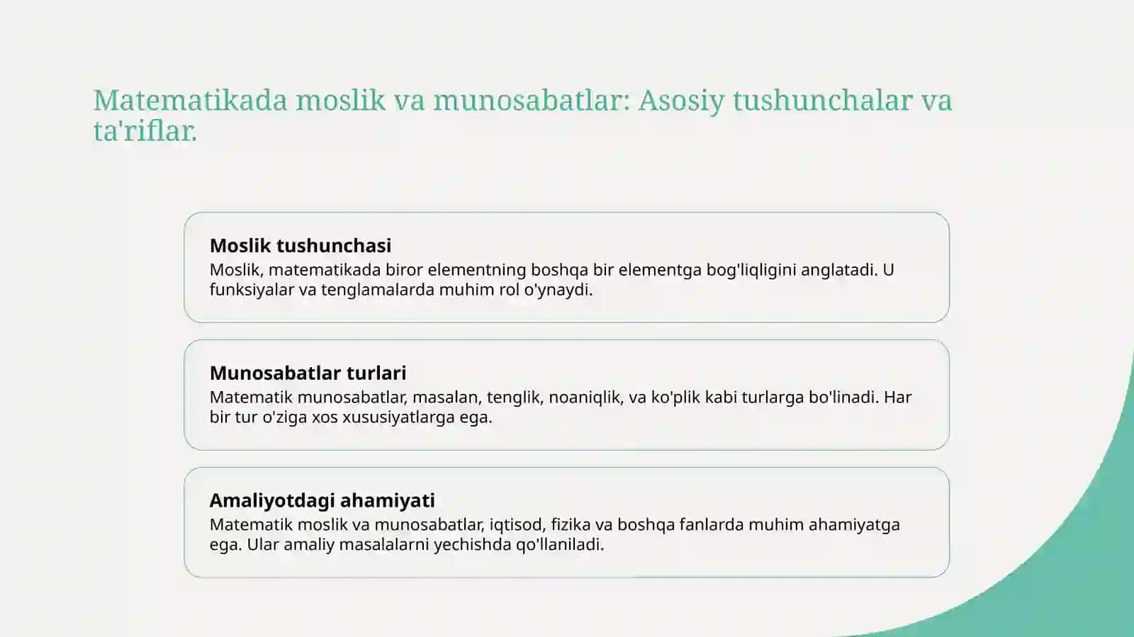 Matematikada moslik va munosabatlar asoslari 3