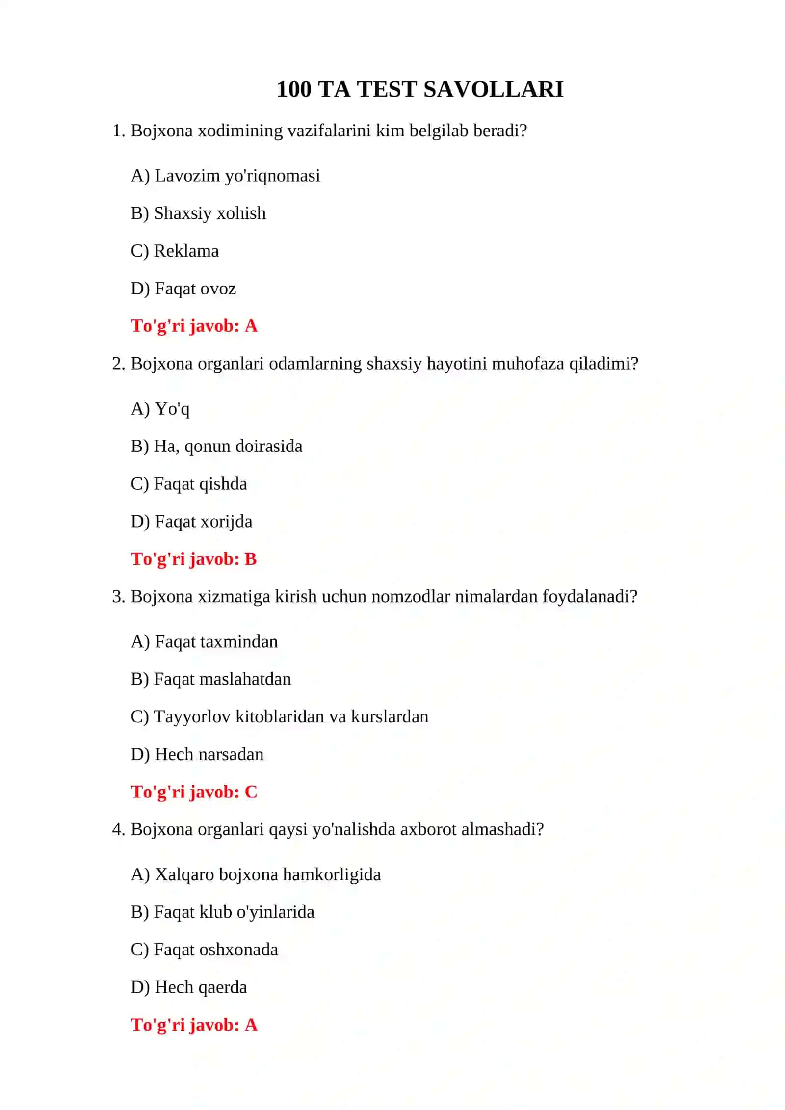 BOJXONA XIZMATI 100 TA TEST 3