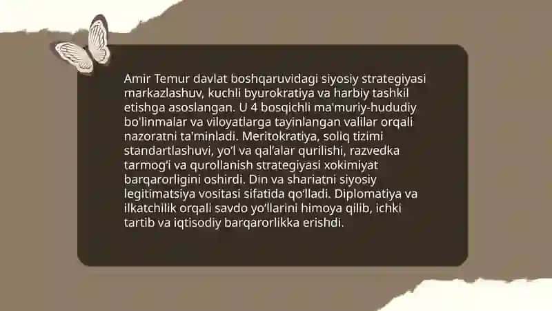 Amir Temur davlat boshqaruvidagi siyosiy strategiyasi 3