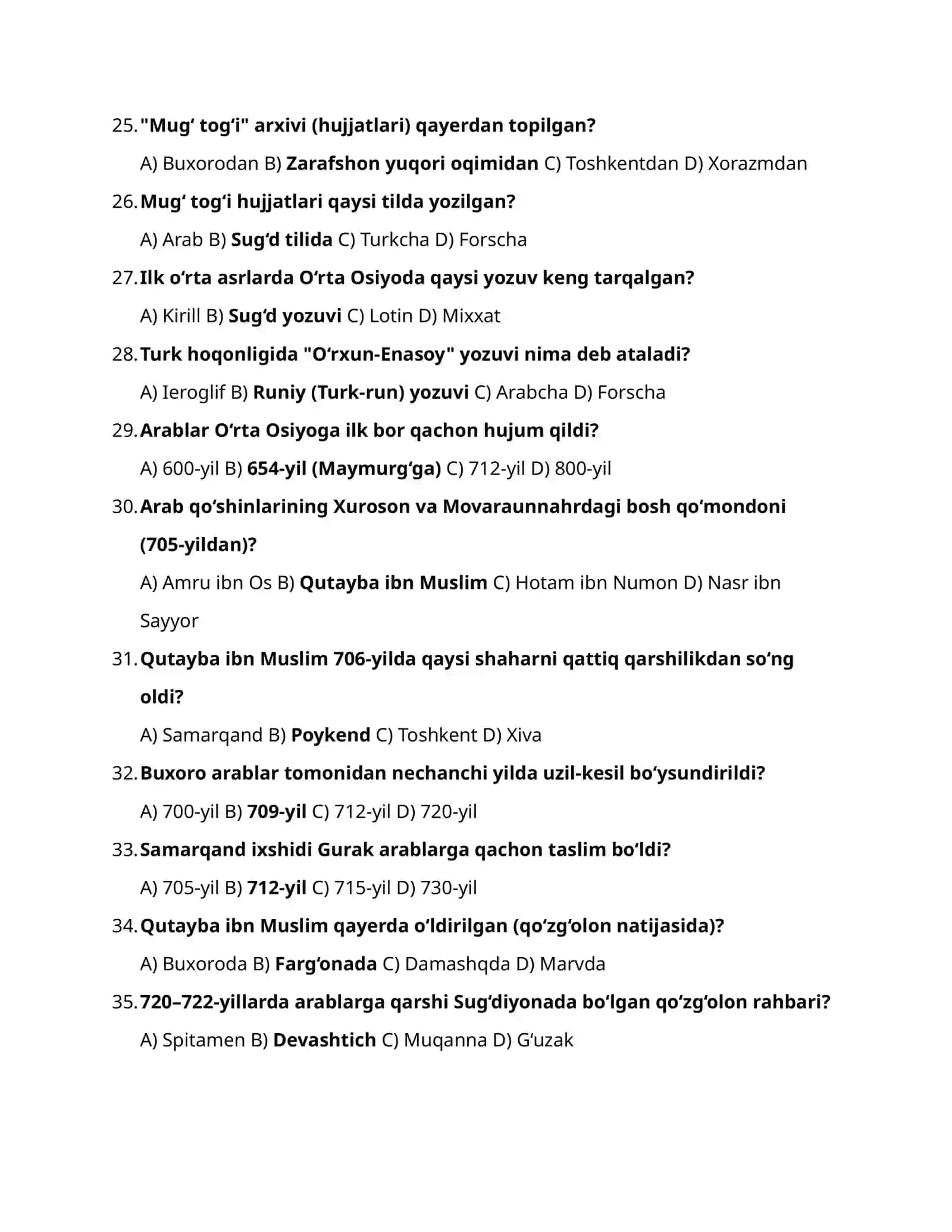 ILK O‘RTA ASRLAR TARIXI: 100 TA TEST 3