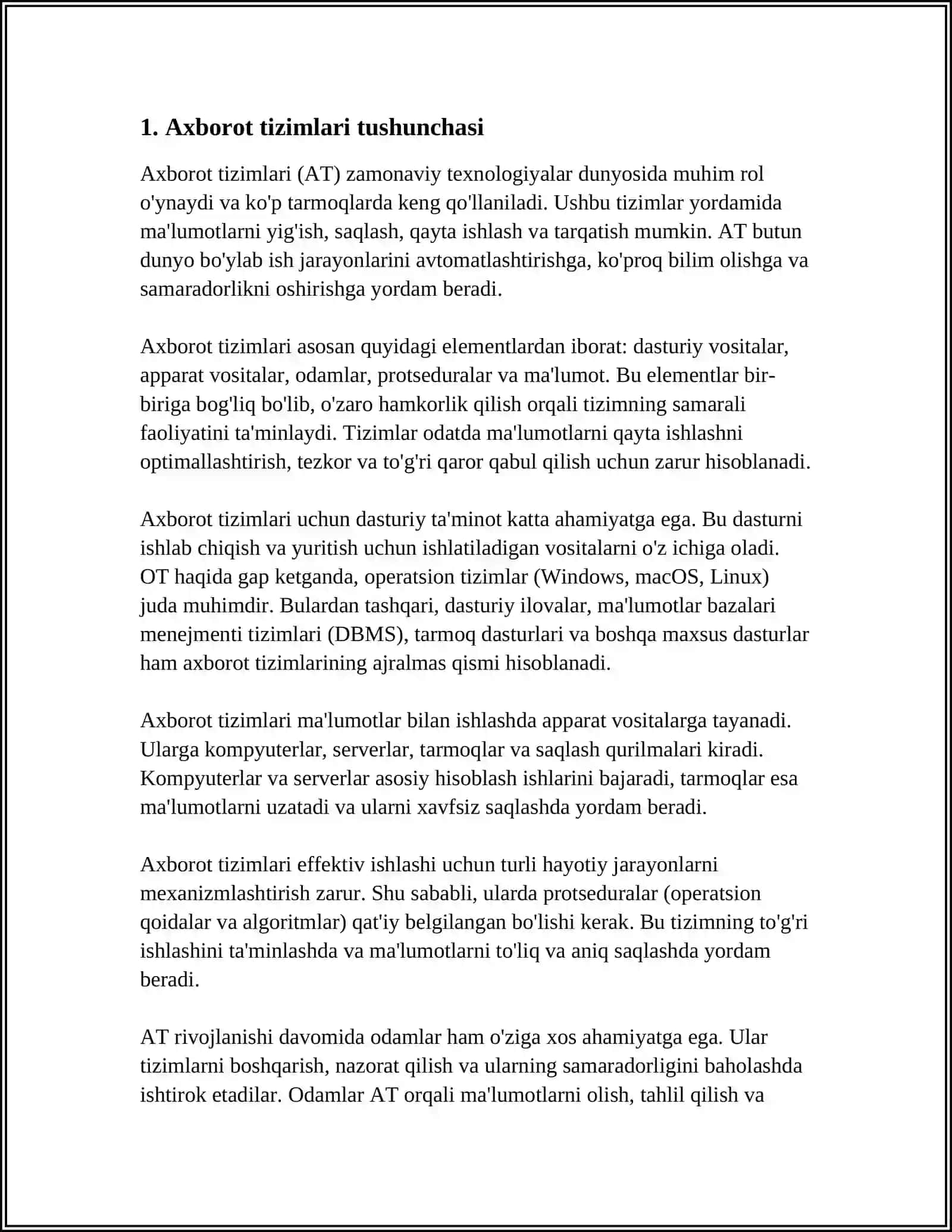 AXBOROT TIZIMI TUSHUNCHASI VA UNING TARKIBIY QISIMLARI 3