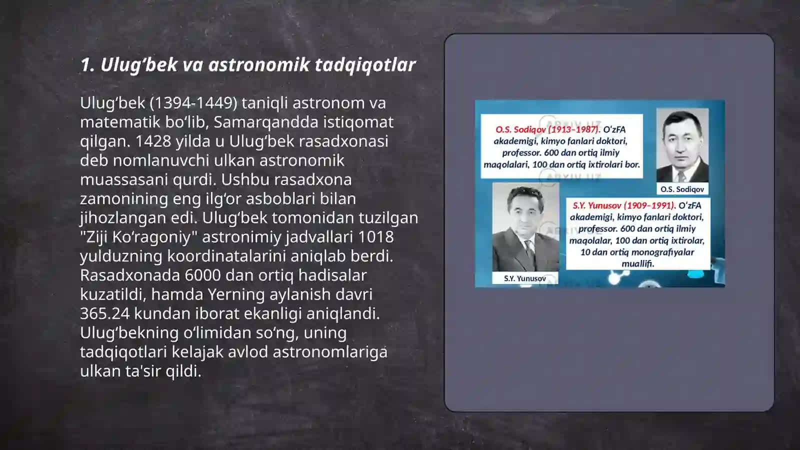 Kimyo fanining rivojlanishida oʻz xissalarini qoʻshgan Oʻzbekistonlik olimlar 3