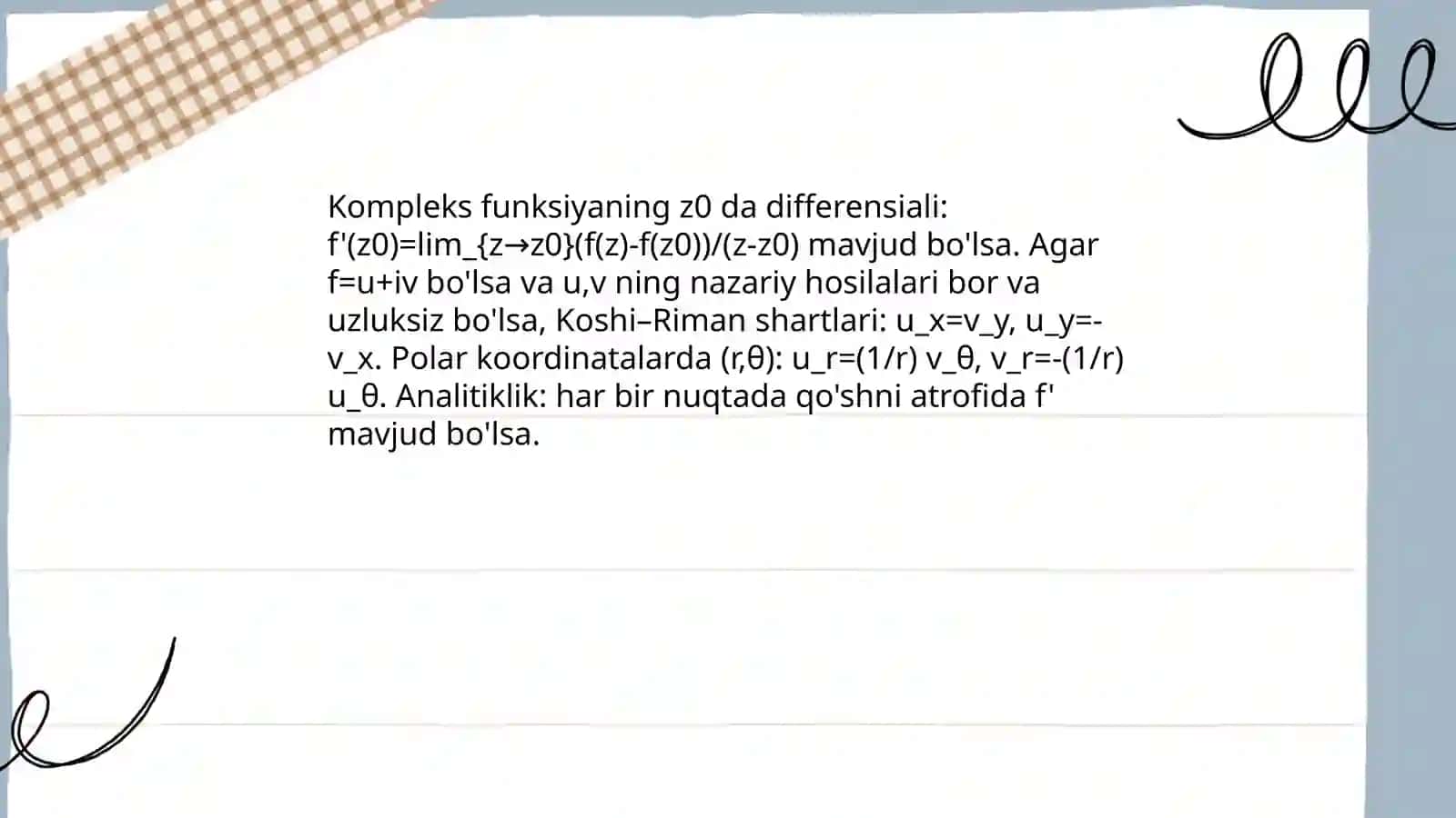 Kompleks o'zgaruvchili uzluksiz funksiyalarning global xossalari. Qutb koordinatalar sistemasida Koshi-Riman shartlari 3