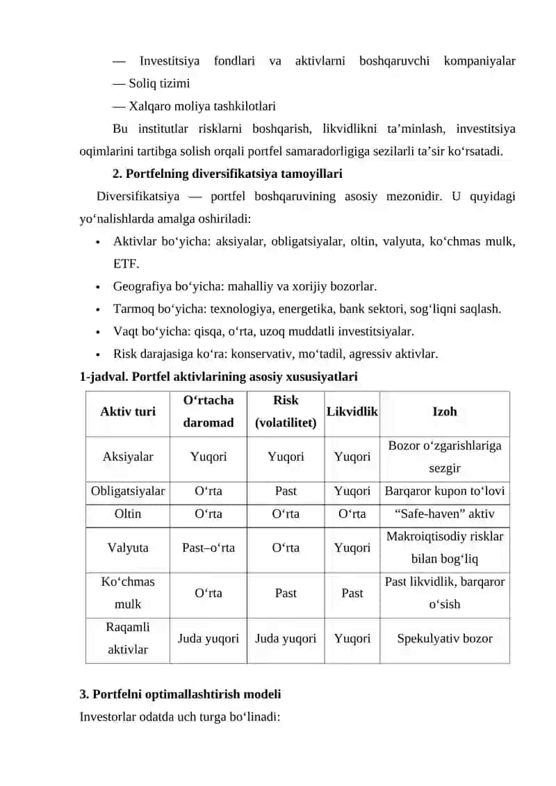 PORTFEL BOSHQARUVI: INSTITUTSIONAL, STRATEGIK VA ANALITIK YONDASHUVLAR 3