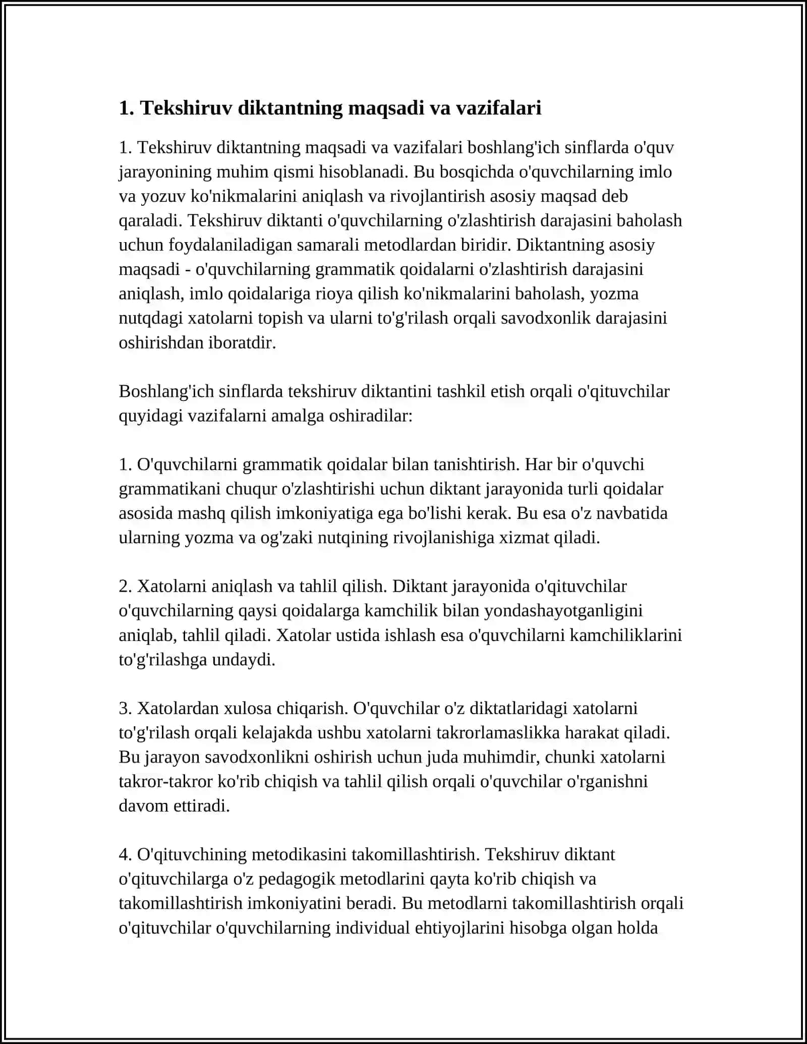 BOSHLANG‘ICH SINFLARDA TEKSHIRUV DIKTANT VA UNI 3