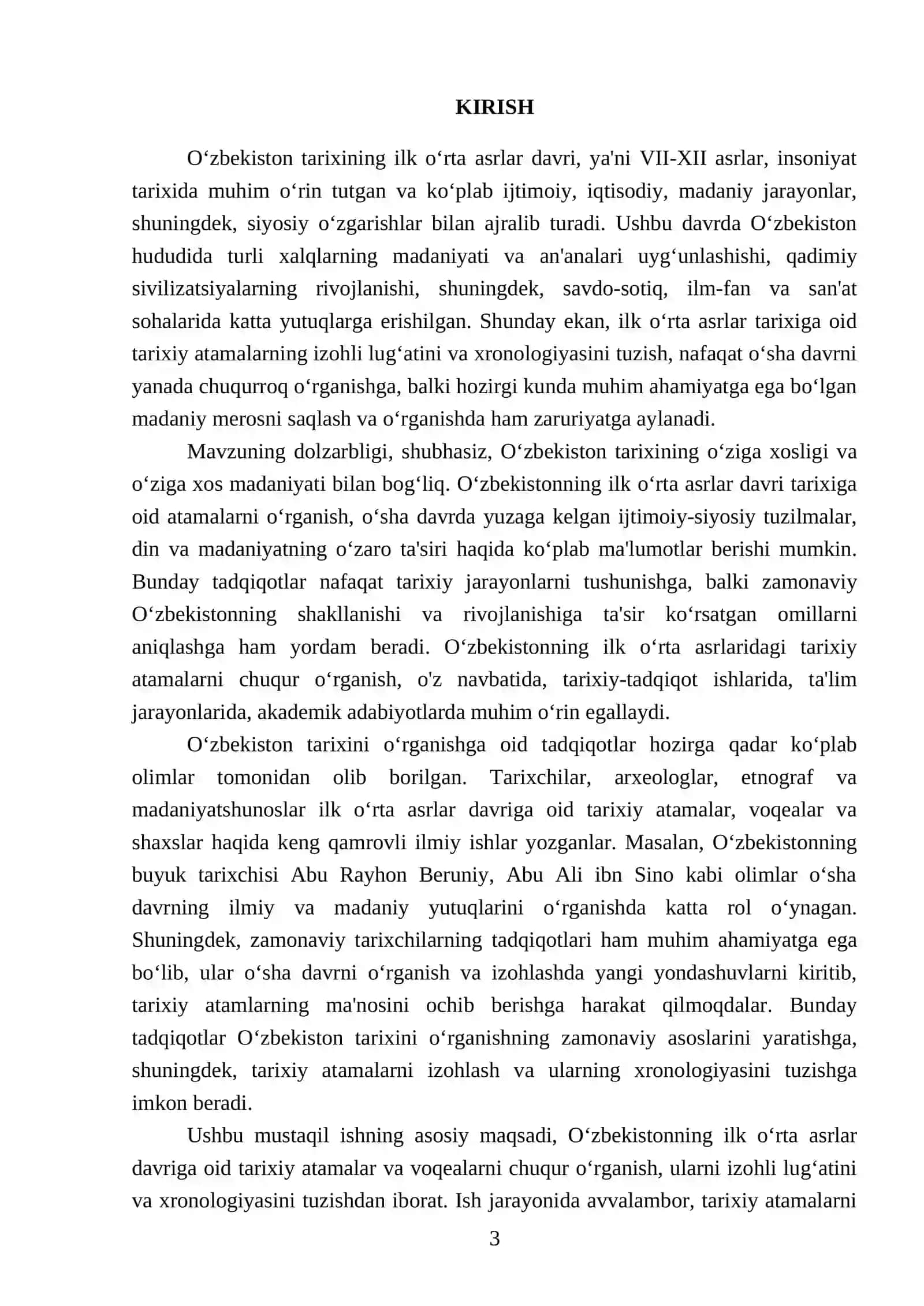 O‘zbekistonning ilk o‘rta asrlar davri tarixiga oid bo‘lgan tarixiy atamalarning izohli lug‘atini va xronologiyasini tuzish 3