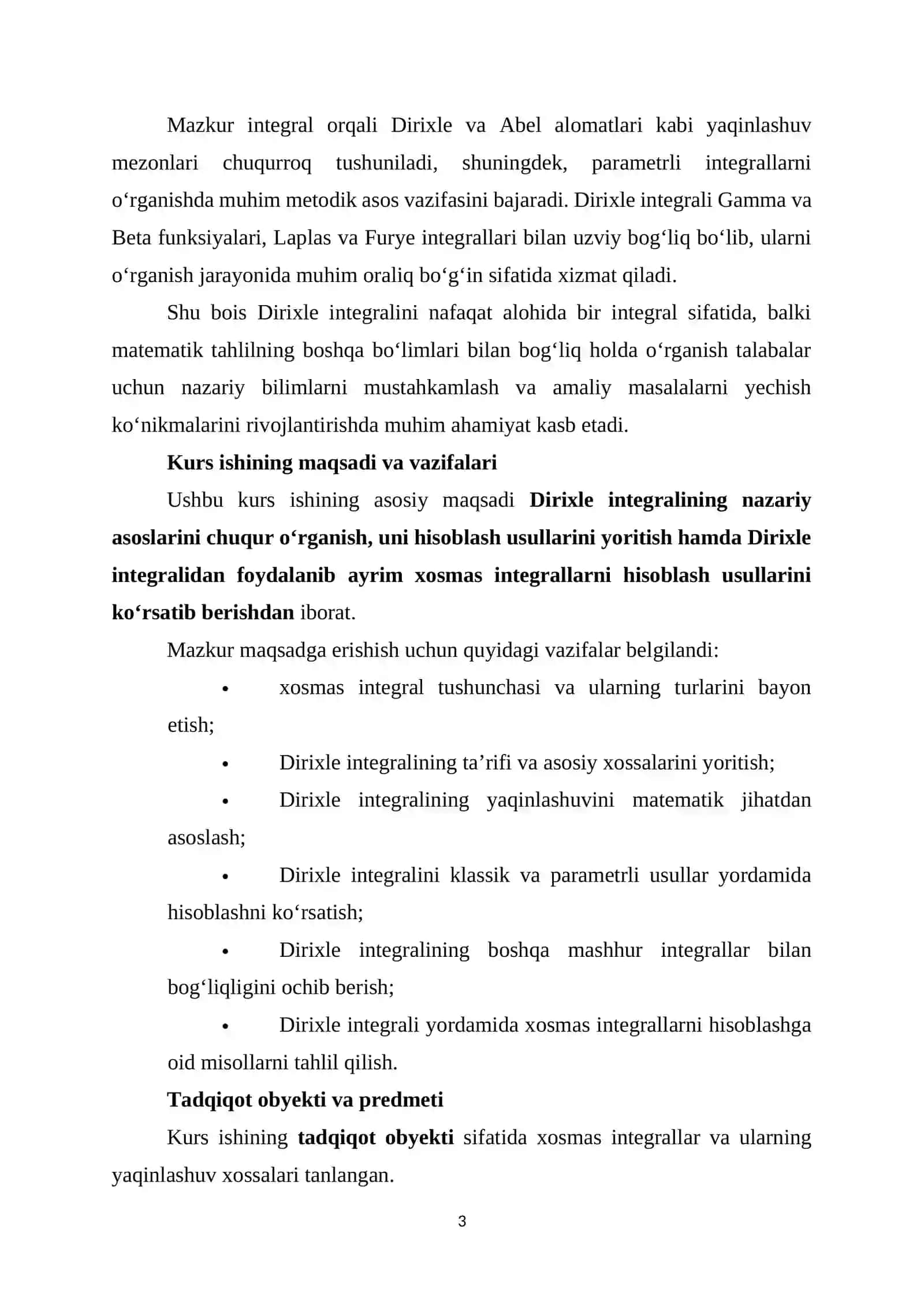Dirixle integralini hisoblash va uning ba’zi bir xosmas integrallarni hisoblashda qo‘llanilishi 3