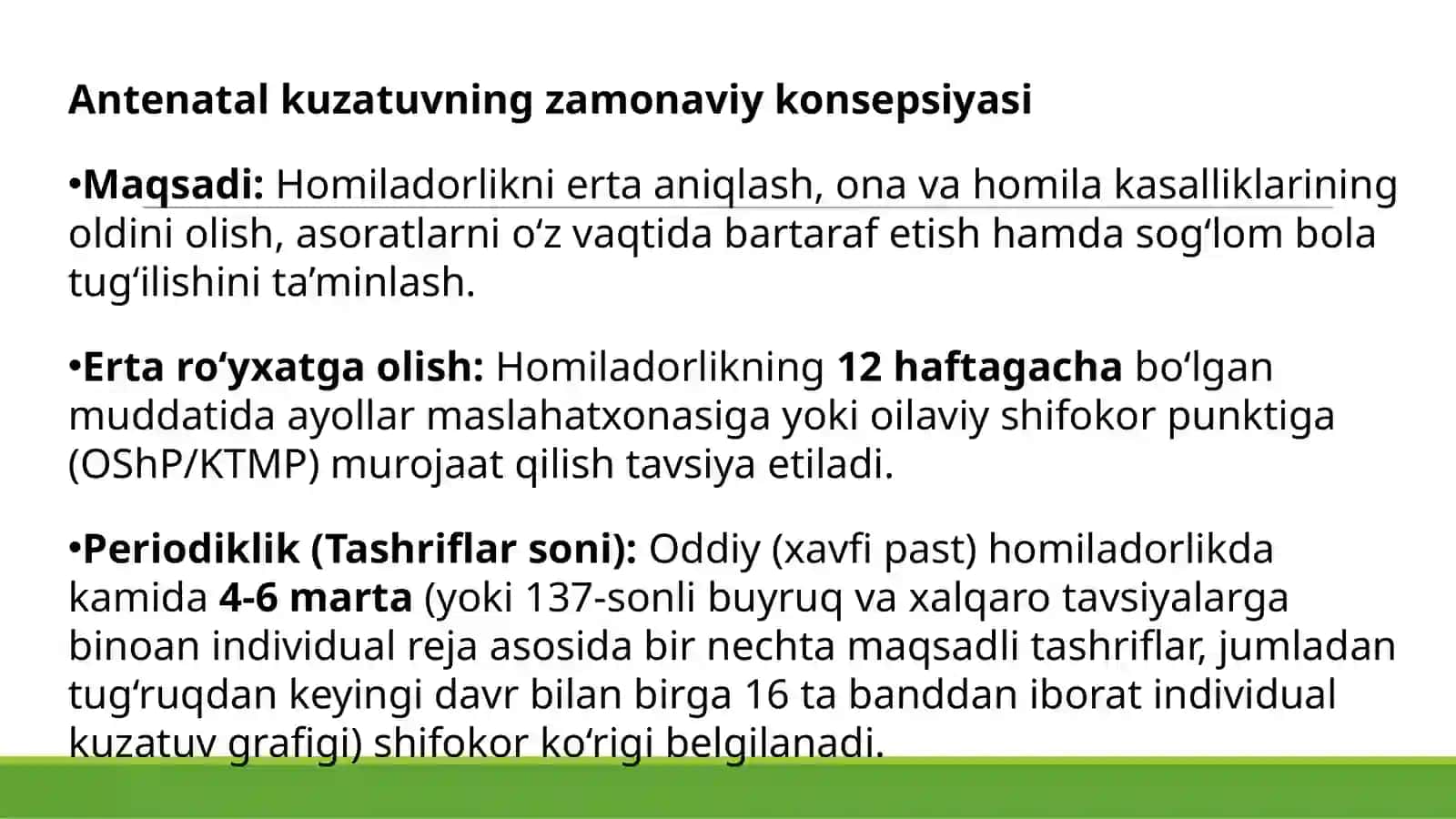 Antenatal kuzatuvning zamonaviy konsepsiyasi. Homila ahvolini baholash. Homiladorlar uy kartasi. Onalar maktabi. Avol organizmidagi homiladorlik sababli o'zgarishlar. 3