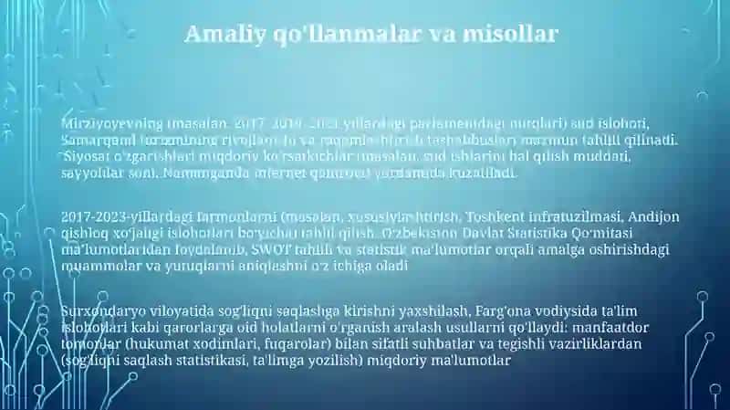 Mirziyoyevning asharnutq va farmonlaridan foydalanishning uslubi 3