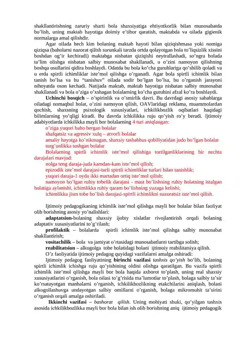 Ma’ruza: Spirtli ichimliklar iste'mol qiluvchi o‘smirlar bilan olib boriladigan ijtimoiy-pedagogik faoliyat 3