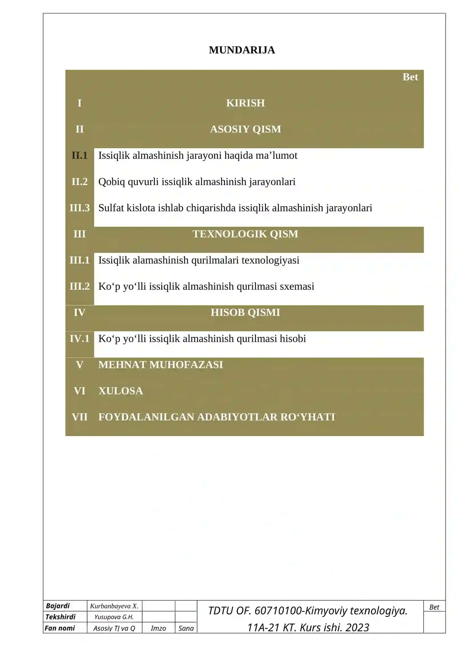 KURS LOYIHASI KOʻP YOʻLLI ISSIQLIK ALMASHINISH QURILMASI HISOBI 3