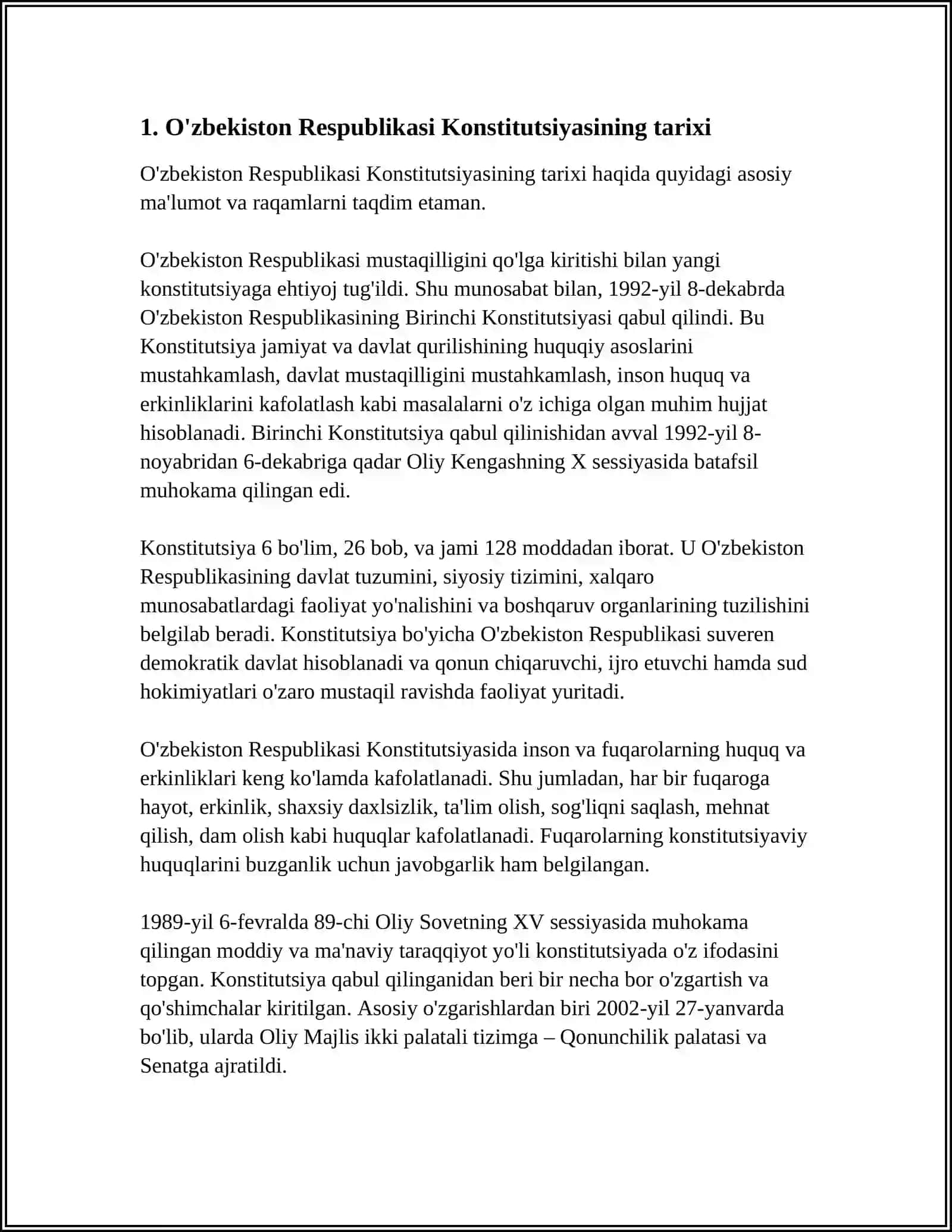 MUSTAQIL ISH Mavzu: O'ZBEKISTON RESPUBLIKASI KONSTITUSIYASI VA KONSTUTSIYAVIY HUQUQ 3
