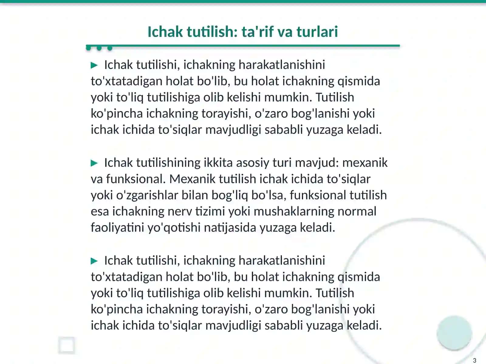 Ichak tutilish Etiologiyasi,patogenezi, anatomik joylashuvi, kilinik kechishi, klassifikatsiyasi,tashxisi,diagnostikas,davolash 3