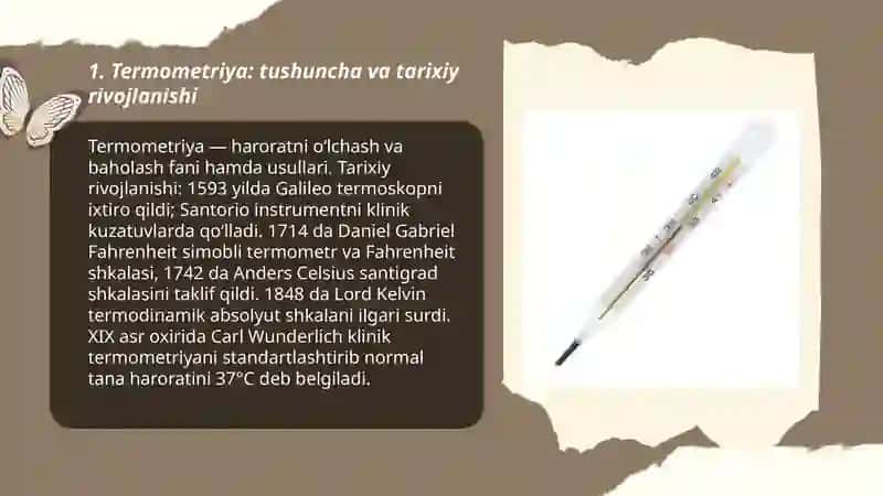 Termometriya, Termometr, Termometrni zararsizlantirish va saqlash, Tana haroratini oʻlchash usullari, Tana haroratini oʻlchash va qayd qilish, Isitma haqida tushuncha, Isitma turlari, Isitmalayotgan bemorlarni parvarish qilish 3