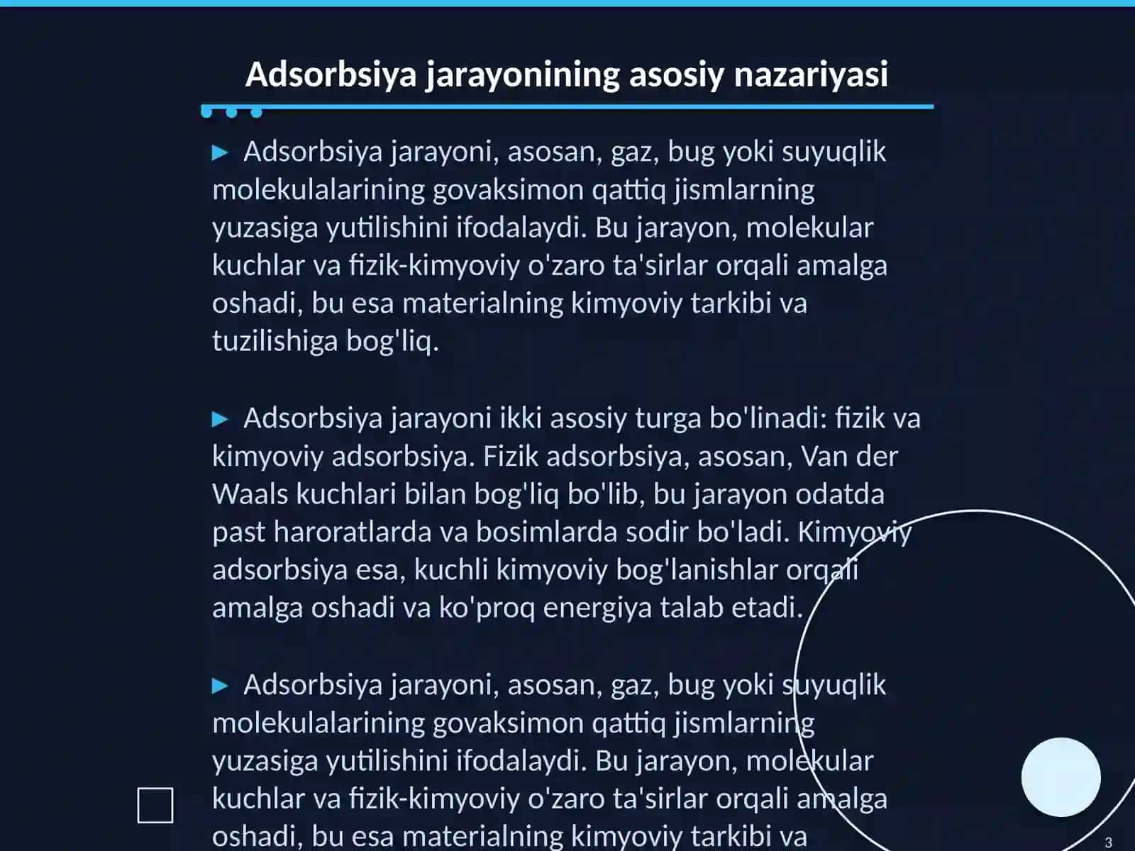 Gaz,bug yoki suyuqlikni govaksimon qattiq jismlarning yuzasi boʻylab yutulishida adsorbsiya jarayoni 3