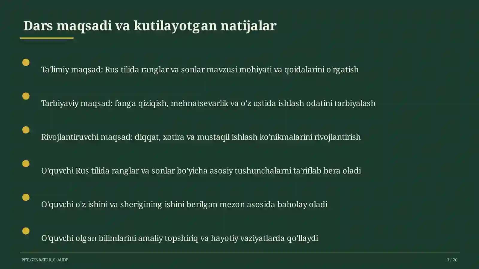 Rus tilida ranglar va sonlar (2-sinf) 3