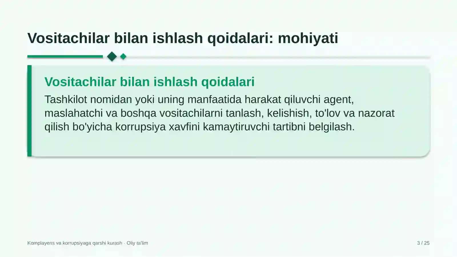 Komplayens va korrupsiyaga qarshi kurash · Oliy ta'lim 3