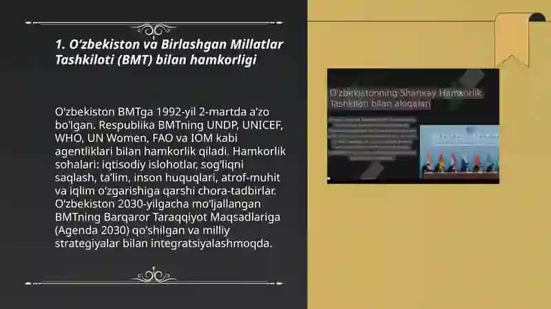 Oʻzbekistonning xalqaro tashkilotlar bilan hamkorlik aloqasi 3