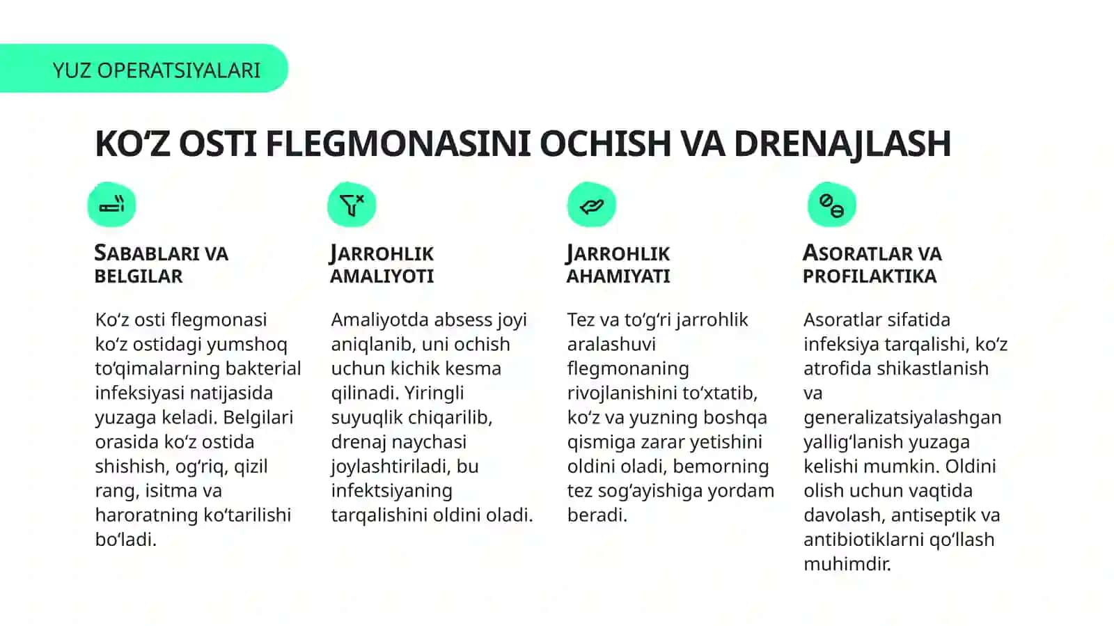 Yuzning operativ xirurgiyasi. Koz osti flegmonasini ochish va  drenajlash. Yuqori jag' bo'shlig'ini 3
